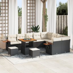 Set de canapea pentru gradina Gossi 12 piese cu perne negru ratan poli acacia, set de dining pentru gradina Gossi 3 piese cu perne negru ratan poli acacia