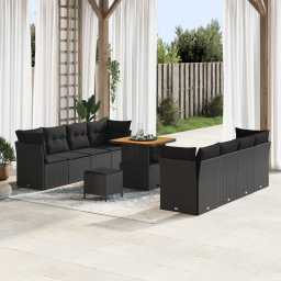 Set de canapea pentru gradina Gossi cu 11 piese cu perne negru ratan poli acacia, set de dining pentru gradina Gossi cu 3 piese cu perne negru ratan poli acacia