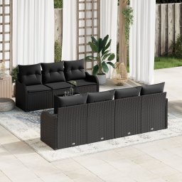 Set de canapea pentru gradina Gossi cu 8 piese si perne ratan poli negru, canapea de gradina Gossi cu 2 locuri, cu depozitare si perne ratan poli negru