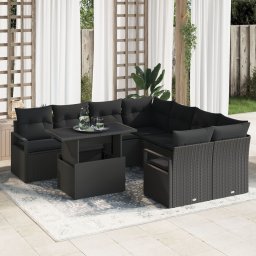Set de canapea pentru gradina Gossi cu 9 piese cu perne ratan poly negru, canapea pentru gradina Gossi cu 2 locuri cu spatiu de stocare & perne ratan poly negru