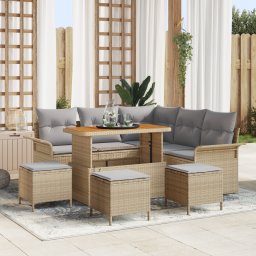 Set de canapea pentru gradina Gossi cu 9 piese si perna bej din ratan poliester acacia, canapea pentru gradina Gossi cu 2 locuri si perna bej din ratan poliester, set de masa pentru gradina Gossi cu 4 piese si perna bej din ratan poliester acacia