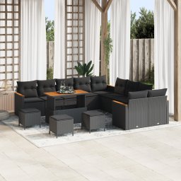 Set de canapea pentru gradina Gossi cu perne, negru, ratan sintetic, acacia, set de dining pentru gradina Gossi, 4 piese, cu perne, negru, ratan sintetic, acacia