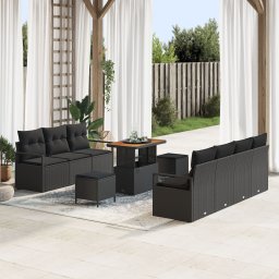 Set de canapele de gradina Gossi 10 piese cu perne negre ratan poli acacia, canapea de gradina Gossi pentru 2 persoane cu depozitare & perne negre ratan poli, set de masa de gradina Gossi 3 piese cu perne negre ratan poli acacia