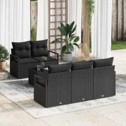 Set de canapele de gradina Gossi 6 piese cu perne negru poli ratan, canapea de gradina Gossi 2 locuri cu spatiu de depozitare si perne negru poli ratan