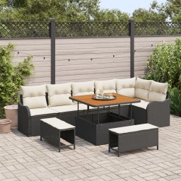 Set de canapele de gradina Gossi 9 piese cu perne din ratan polimeric negru si acacia, canapea de gradina Gossi cu 2 locuri si perne din ratan polimeric negru, set de masa de gradina Gossi 3 piese cu perne din ratan polimeric negru si acacia