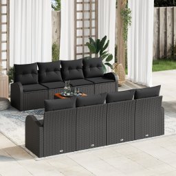 Set de canapele gradina Gossi de 9 piese cu pernite negru ratan polimer acacia, canapea gradina Gossi pentru 2 persoane cu spatiu de depozitare & pernite negru ratan polimer
