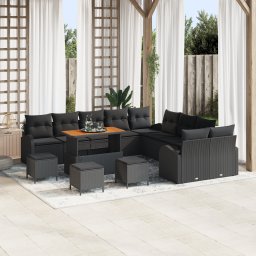 Set de canapele pentru gradina 14 piese cu perne negru rattan polimeric acacia, canapea pentru gradina cu 2 locuri si spatiu de depozitare & perne negru rattan polimeric, set de dining pentru gradina 4 piese cu perne negru rattan polimeric acacia