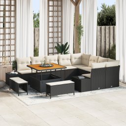Set de canapele pentru gradina cu 12 piese si perne negru rattan poliester acacia, set de masa pentru gradina cu 3 piese si perne negru rattan poliester acacia, canapea de gradina cu 2 locuri si perne negru rattan poliester