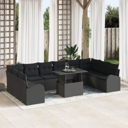 Set de canapele pentru gradina de 11 piese cu perne ratan negru poli, canapea de gradina cu 2 locuri cu spatiu de stocare si perne ratan negru poli