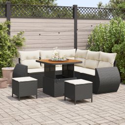 Set de canapele pentru gradina Gossi 8 piese cu perne negru rattan poliester, set de dining pentru gradina Gossi 3 piese cu perne negru rattan poliester