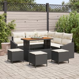 Set de canapele pentru gradina Gossi 9 piese cu perne negru ratan poly acacia, canapea de gradina Gossi pentru 2 persoane cu spatiu de depozitare & perne negru ratan poly, set de masa pentru gradina Gossi 4 piese cu perne negru ratan poly acacia