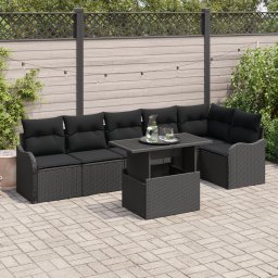 Set de canapele pentru gradina Gossi cu 7 piese cu perne negru ratan poli, canapea pentru gradina de 2 locuri cu spatiu de depozitare si perne negru ratan poli