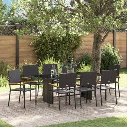 Set de dining pentru gradina Gossi de 9 piese negru ratansintetic, scaune de gradina Gossi stivuibile cu perne - set de 2 piese in negru ratan sintetic
