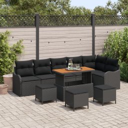Set de sofa de gradina Gossi 9 piese cu perne negru poli ratan acacia, sofa de gradina Gossi 2 locuri cu perne negru poli ratan, set de dining gradina Gossi 3 piese cu perne negru poli ratan acacia