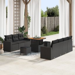 Set de sofa de gradina Gossi cu 10 piese cu perne negru poliratan acacia, set de masa si sofa de gradina Gossi cu 3 piese cu perne negru poliratan acacia