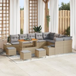 Set de sofa de gradina Gossi cu 13 piese si perne bej poliratan acacia, set de masa de gradina Gossi cu 4 piese si perne bej poliratan acacia, sofa de gradina cu 2 locuri Gossi cu perne bej poliratan