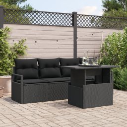 Set de sofa de gradina Gossi cu 5 piese si perna negru poli ratan, sofa de gradina Gossi pentru 2 persoane cu spatiu de depozitare si perna negru poli ratan