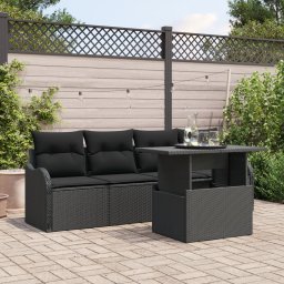 Set de sofa de gradina Gossi cu 5 piese si perne ratan negru, sofa de gradina Gossi cu 2 locuri cu spatiu de depozitare si perne ratan negru
