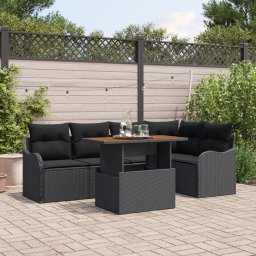 Set de sofa de gradina Gossi cu 6 piese si perne din ratan poli negru, sofa de gradina Gossi cu 2 locuri si spatiu de stocare & perne din ratan poli negru