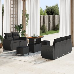 Set de sofa de gradina Gossi cu 8 piese cu perne negru poli ratan acacia, set de dining de gradina Gossi cu 3 piese cu perne negru poli ratan acacia