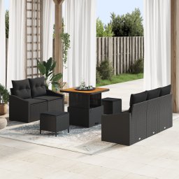 Set de sofa de gradina Gossi cu 8 piese si perne ratan poli negru, sofa de gradina Gossi cu 2 locuri cu spatiu de depozitare si perne ratan poli negru, set de dining pentru gradina Gossi cu 3 piese si perne ratan poli negru