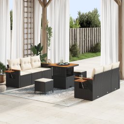 Set de sofa de gradina Gossi cu 9 piese si perne din ratan poliester negru, set de dining de gradina Gossi cu 3 piese si perne din ratan poliester negru