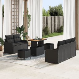 Set de sofa de gradina Gossi cu perne negre din ratan polimer acacia, sofa de gradina cu 2 locuri Gossi cu perne negre din ratan polimer, set de masa de gradina cu 3 piese cu perne negre din ratan polimer acacia
