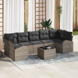 Set de sofa de gradina Gossi din 8 piese cu perne ratan poli gri, sofa de gradina Gossi cu doua locuri cu spatiu de depozitare si perne ratan poli gri