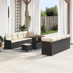 Set de sofa pentru gradina de 11 piese cu perne ratan poli negru acacia, sofa de gradina de 2 locuri cu perne ratan poli negru, set de dining pentru gradina de 3 piese cu perne ratan poli negru acacia