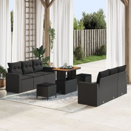 Set de sofa pentru gradina Gossi cu 9 piese cu perne negru poli ratan acacia, set de dining pentru gradina Gossi cu 3 piese cu perne negru poli ratan acacia