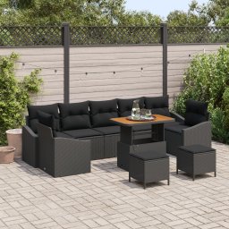 Set de sofa pentru gradina Gossi cu perne negre din ratan polimer acacia, sofa pentru gradina Gossi cu 2 locuri cu perne negre din ratan polimer, set de dining pentru gradina Gossi cu 3 piese cu perne negre din ratan polimer acacia