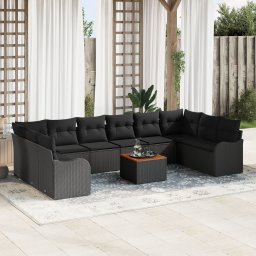 Set de sofa pentru gradina Gossi de 11 piese cu pernute ratan negru acacia, sofa pentru gradina Gossi cu 2 locuri cu spatiu de stocare & pernute ratan negru