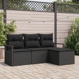 Set de sofa pentru gradina Gossi de 4 piese cu perne, ratan poli negru, set de sofa pentru gradina Gossi de 2 locuri cu depozitare si perne, ratan poli negru