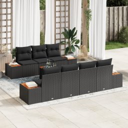 Set de sofa pentru gradina Gossi de 8 piese cu perne negre ratan polimeric acacia, sofa pentru gradina Gossi de 2 locuri cu spatiu de stocare & perne negre ratan polimeric