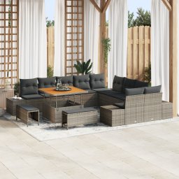 Set de sofa pentru gradina Gossi din 13 piese cu perne gri poli ratan acacia, sofa de gradina Gossi cu 2 locuri si perne gri poli ratan, set de dining pentru gradina Gossi din 3 piese cu perne gri poli ratan acacia