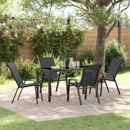 Set masa gradina Gossi 5 piese negru textilene + otel, masa gradina Gossi neagra 140x80x73 cm sticla securizata