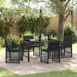 Set masa gradina Gossi cu 5 piese si perne negre poly rattan, masa gradina Gossi neagra 140x80x73 cm sticla temperata