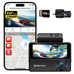 Camera auto de bord cu 3 canale REDTIGER VP20 2.5K+2.5K+1080P, WiFi, Night Vision, ecran tactil, 530°, GPS, aplicatie dedicata, G-Sensor si Mod Parcare, card 128GB