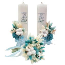 Set 2 lumânări Nuntă de Argint + buchet mireasă, flori uscate bleu&alb - ILIF510003