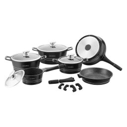 Set oale si tigai Royalty Line RL-ES1014M, Aluminiu turnat, 14 piese, Acoperire marmura, Negru