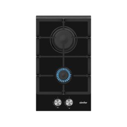 Plita Simfer H3.201.TGRSP Built in Hob, 30 cm, 2 Gas, Front Control, Cast Iron Pan Support, Inox Capped Knobs, Black Glass