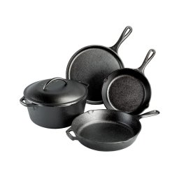Set 5 vase din fonta contine ceaun cu capac de 4,7 litri, tigaie clatite, tigaie de 20,3 cm, tigaie 26 cm Lodge L-5HS3