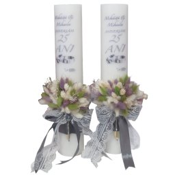 Lumânare Nuntă de Argint, model personalizat decorat cu flori uscate multicolore, h40 x Ø6cm - FEIS510001