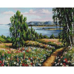 Set goblen cu diamante, cu sasiu, Flori salbatice pe dealuri, 40x50 cm