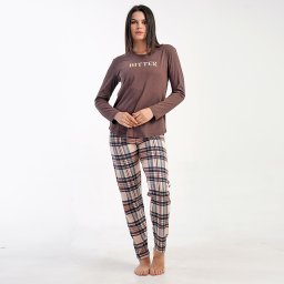 Pijama Damă din Bumbac 100% Vienetta, Model 'Enjoy the Bitter Sweet Taste of Life' Brown Confort și Bucurie