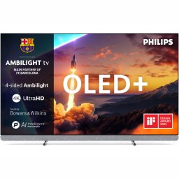Televizor Philips Ambilight TV OLED+ 77OLED910, 194 cm, Google TV, 4K Ultra HD, 100 Hz, Clasa F (Model 2025), Argintiu