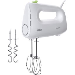 Mixer de mana Braun MultiMix HM1110WH 0X22211060, 450 W, 4 viteze + Turbo, Tehnologie FastMix, 2 teluri, 2 carlige pentru aluat, Alb