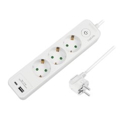 Prelungitor PRELUNGITOR LOGILINK, Schuko x 3, USB-A x 1, USB-C x 1, cablu 3G 1.5mm2, 230 V/16 A, 50 Hz, max. 3500 W, buton intrerupator iluminat, IP20, 2m, alb, "LPS279U" (timbru verde 0.8 lei)