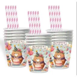 Pahare de hârtie cu model de ursuleț pentru ziua de naștere - set de 10 bucăți.