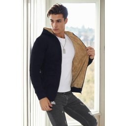 14455 Dewberry Furry Hooded Mens Sports Slim Fit Cardigan-NAVY